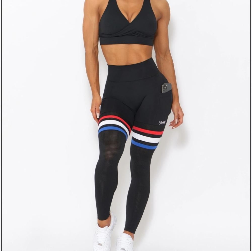 Bombshell Sportswear Black Leggings with Red, White & Blue Stripes - Picture 4 of 7